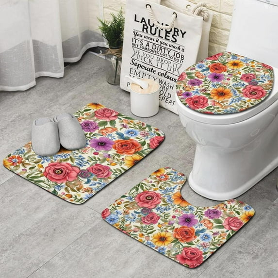 Pioneer Flower Floral Print Pattern Bathroom Rugs Sets 3 Piece,Toilet Cover Set,Absorbent Non Slip Bathroom Mats Sets with U-Shaped Contour Rug Toilet Rug Set