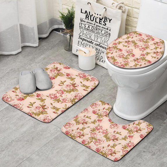 Pioneer Flower Floral Print Pattern Bathroom Rugs Sets 3 Piece,Toilet Cover Set,Absorbent Non Slip Bathroom Mats Sets with U-Shaped Contour Rug Toilet Rug Set
