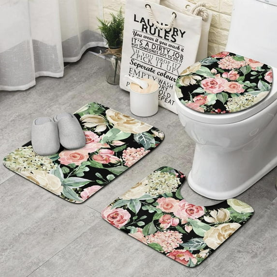 Pioneer Flower Floral Print Pattern Bathroom Rugs Sets 3 Piece,Toilet Cover Set,Absorbent Non Slip Bathroom Mats Sets with U-Shaped Contour Rug Toilet Rug Set