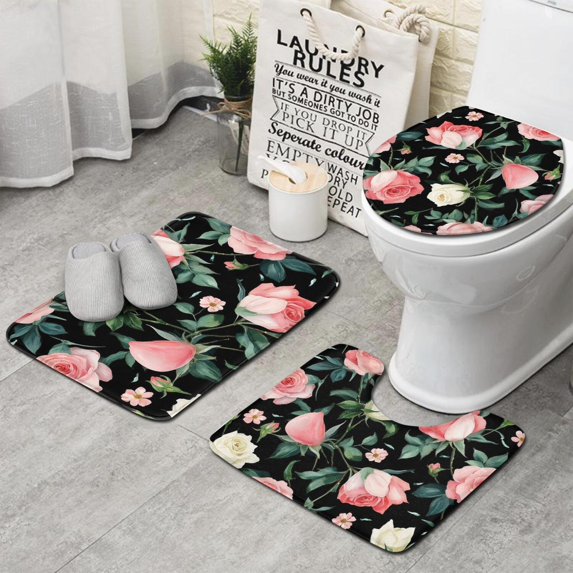 Pioneer Flower Floral Print Pattern Bathroom Rugs Sets 3 Piece,Toilet Cover Set,Absorbent Non Slip Bathroom Mats Sets with U-Shaped Contour Rug Toilet Rug Set