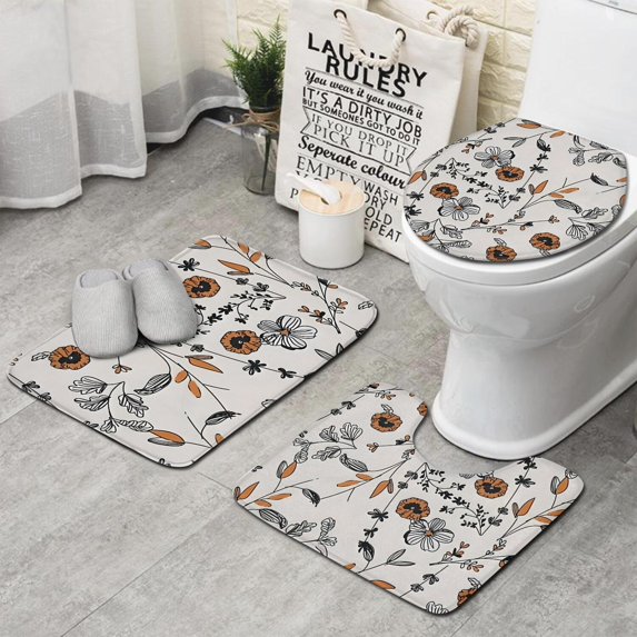 Pioneer Flower Floral Print Pattern Bathroom Rugs Sets 3 Piece,Toilet Cover Set,Absorbent Non Slip Bathroom Mats Sets with U-Shaped Contour Rug Toilet Rug Set
