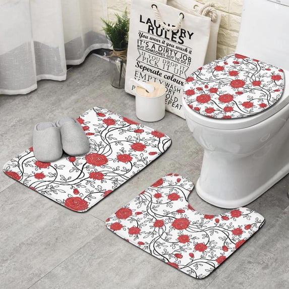 Pioneer Flower Floral Print Pattern Bathroom Rugs Sets 3 Piece,Toilet Cover Set,Absorbent Non Slip Bathroom Mats Sets with U-Shaped Contour Rug Toilet Rug Set