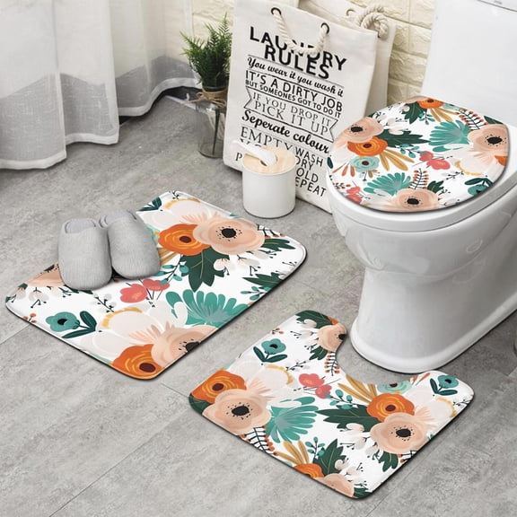 Pioneer Flower Floral Print Pattern Bathroom Rugs Sets 3 Piece,Toilet Cover Set,Absorbent Non Slip Bathroom Mats Sets with U-Shaped Contour Rug Toilet Rug Set