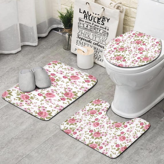 Pioneer Flower Floral Print Pattern Bathroom Rugs Sets 3 Piece,Toilet Cover Set,Absorbent Non Slip Bathroom Mats Sets with U-Shaped Contour Rug Toilet Rug Set