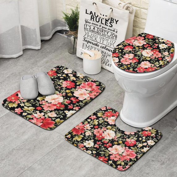 Pioneer Flower Floral Print Pattern Bathroom Rugs Sets 3 Piece,Toilet Cover Set,Absorbent Non Slip Bathroom Mats Sets with U-Shaped Contour Rug Toilet Rug Set