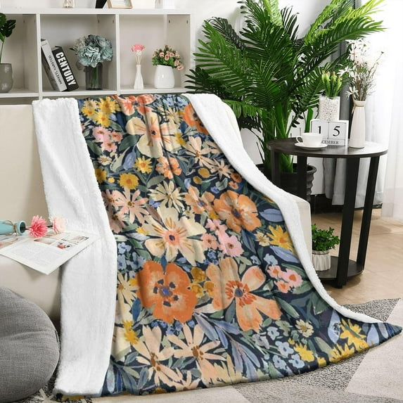 Pioneer Flower Floral Print Pattern Blanket,Comfortable Soft Lamb Wool Throw Blanket,All Season,Warm Lightweight Blankets for Sofa Bed Couch Living Room Chair,50"x60"