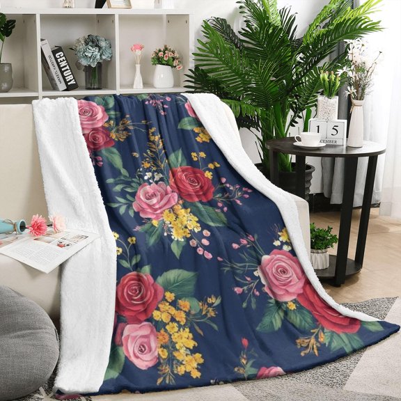 Pioneer Flower Floral Print Pattern Blanket,Comfortable Soft Lamb Wool Throw Blanket,All Season,Warm Lightweight Blankets for Sofa Bed Couch Living Room Chair,50"x60"