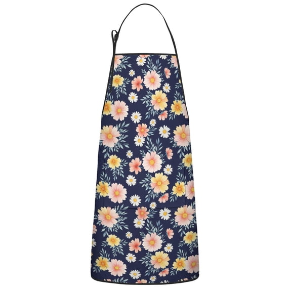 Pioneer Flower Floral Print Pattern Cotton Linen Apron with Pockets, Waterproof Adjustable, 33x27 Inch for Kitchen, Gardening, BBQ, Salon