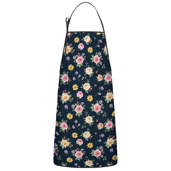 Pioneer Flower Floral Print Pattern Cotton Linen Apron with Pockets, Waterproof Adjustable, 33x27 Inch for Kitchen, Gardening, BBQ, Salon