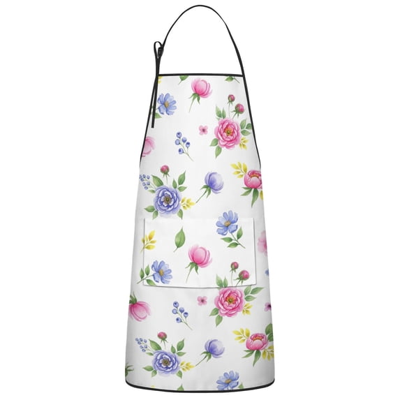 Pioneer Flower Floral Print Pattern Cotton Linen Apron with Pockets, Waterproof Adjustable, 33x27 Inch for Kitchen, Gardening, BBQ, Salon