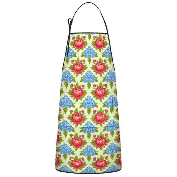 Pioneer Flower Floral Print Pattern Cotton Linen Apron with Pockets, Waterproof Adjustable, 33x27 Inch for Kitchen, Gardening, BBQ, Salon