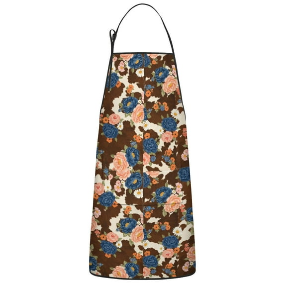 Pioneer Flower Floral Print Pattern Cotton Linen Apron with Pockets, Waterproof Adjustable, 33x27 Inch for Kitchen, Gardening, BBQ, Salon