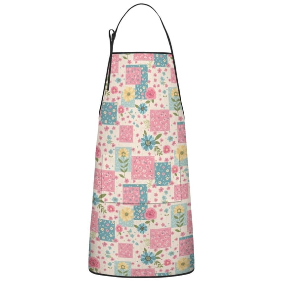 Pioneer Flower Floral Print Pattern Cotton Linen Apron with Pockets, Waterproof Adjustable, 33x27 Inch for Kitchen, Gardening, BBQ, Salon