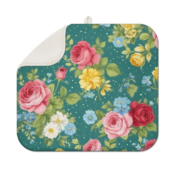 Pioneer Flower Floral Print Pattern Dish Drying Mat for Kitchen 1 Pack, Ultra Absorbent Microfiber Dishes Drainer Mats,16"x18"