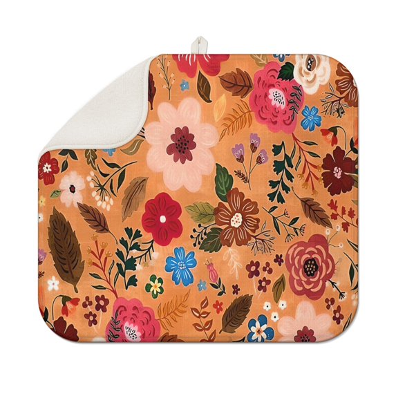 Pioneer Flower Floral Print Pattern Dish Drying Mat for Kitchen 1 Pack, Ultra Absorbent Microfiber Dishes Drainer Mats,16"x18"