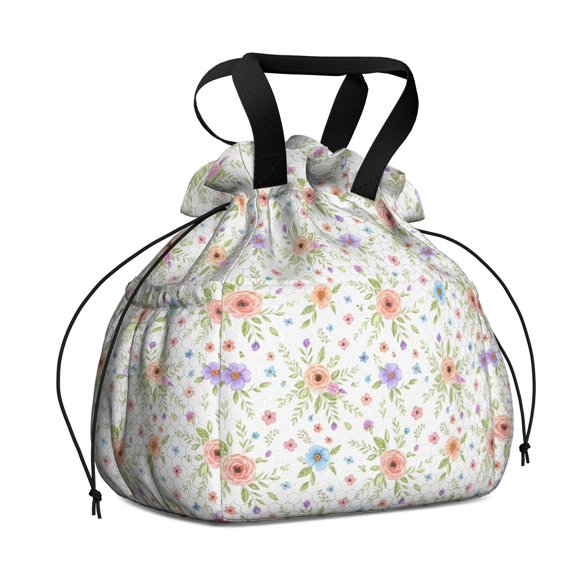 Pioneer Flower Floral Print Pattern Drawstring Insulated Lunch Bag for Women, Stain-Resistant Large Lunch Tote with Multi-Pockets for Work Office