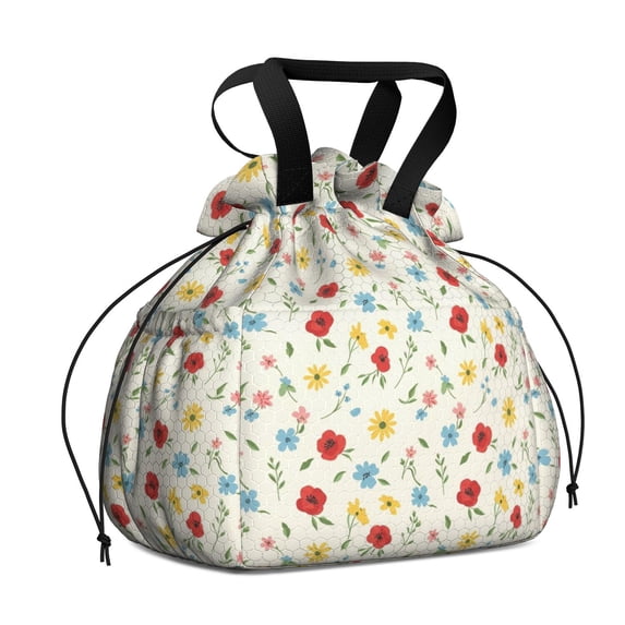 Pioneer Flower Floral Print Pattern Drawstring Insulated Lunch Bag for Women, Stain-Resistant Large Lunch Tote with Multi-Pockets for Work Office