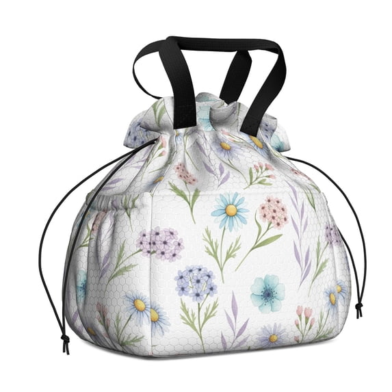 Pioneer Flower Floral Print Pattern Drawstring Insulated Lunch Bag for Women, Stain-Resistant Large Lunch Tote with Multi-Pockets for Work Office