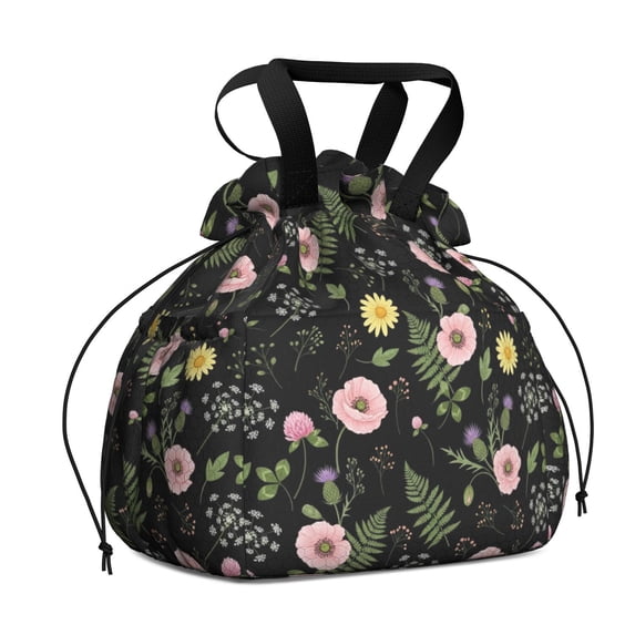 Pioneer Flower Floral Print Pattern Drawstring Insulated Lunch Bag for Women, Stain-Resistant Large Lunch Tote with Multi-Pockets for Work Office