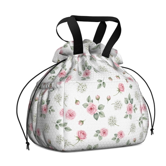 Pioneer Flower Floral Print Pattern Drawstring Insulated Lunch Bag for Women, Stain-Resistant Large Lunch Tote with Multi-Pockets for Work Office