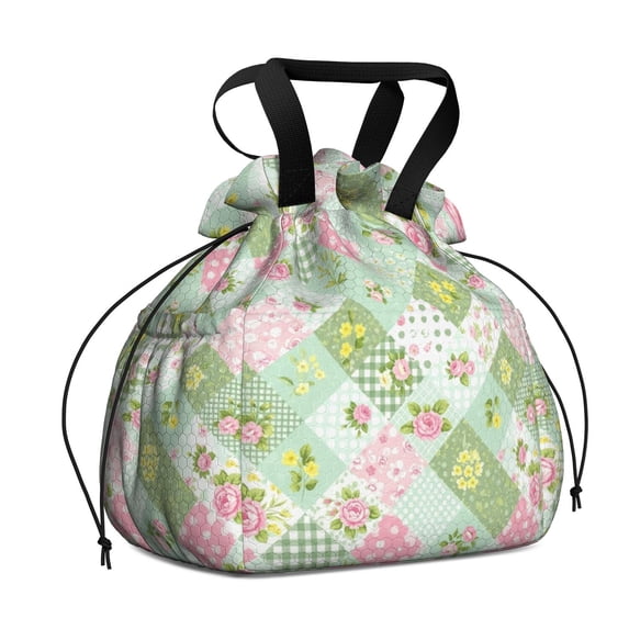 Pioneer Flower Floral Print Pattern Drawstring Insulated Lunch Bag for Women, Stain-Resistant Large Lunch Tote with Multi-Pockets for Work Office