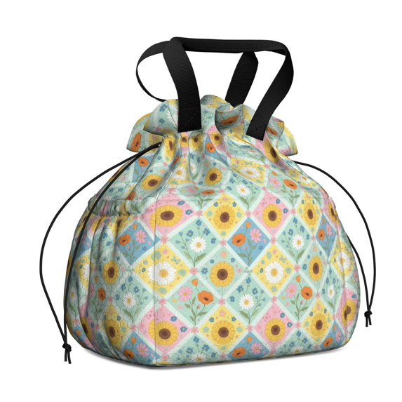 Pioneer Flower Floral Print Pattern Drawstring Lunch Bag Women - Drawstring Lunch Bag Insulated for Work Office - Stain-Resistant Large Lunchbags for Women with Multi-Pockets