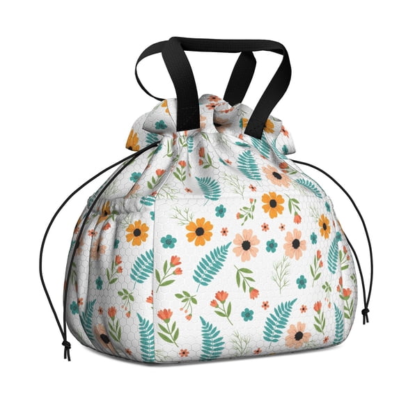 Pioneer Flower Floral Print Pattern Drawstring Lunch Bag Women - Drawstring Lunch Bag Insulated for Work Office - Stain-Resistant Large Lunchbags for Women with Multi-Pockets