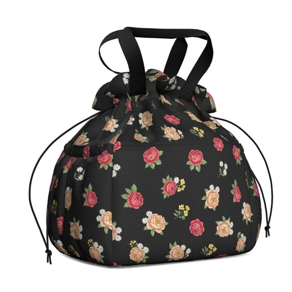 Pioneer Flower Floral Print Pattern Drawstring Lunch Bag Women - Drawstring Lunch Bag Insulated for Work Office - Stain-Resistant Large Lunchbags for Women with Multi-Pockets