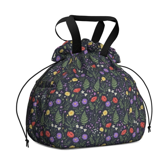Pioneer Flower Floral Print Pattern Drawstring Lunch Bag Women - Drawstring Lunch Bag Insulated for Work Office - Stain-Resistant Large Lunchbags for Women with Multi-Pockets