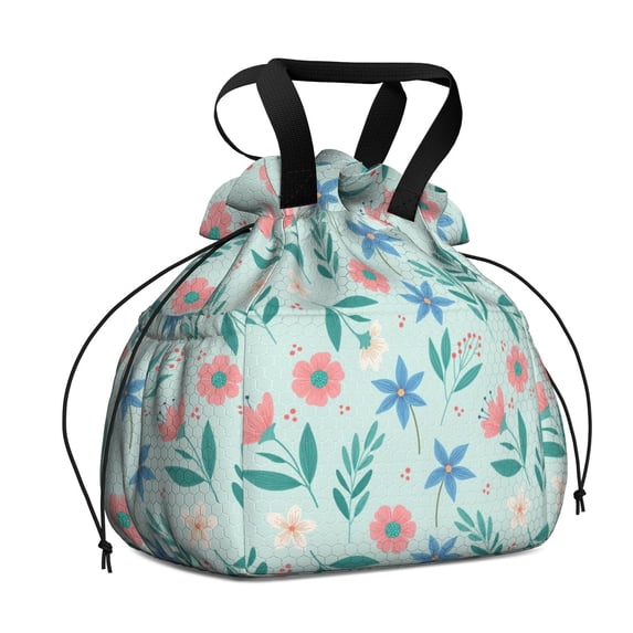 Pioneer Flower Floral Print Pattern Drawstring Lunch Bag Women - Drawstring Lunch Bag Insulated for Work Office - Stain-Resistant Large Lunchbags for Women with Multi-Pockets