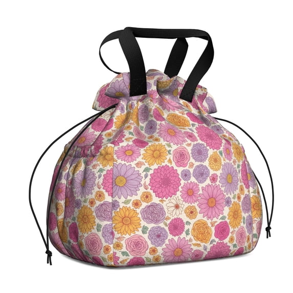 Pioneer Flower Floral Print Pattern Drawstring Lunch Bag Women - Drawstring Lunch Bag Insulated for Work Office - Stain-Resistant Large Lunchbags for Women with Multi-Pockets