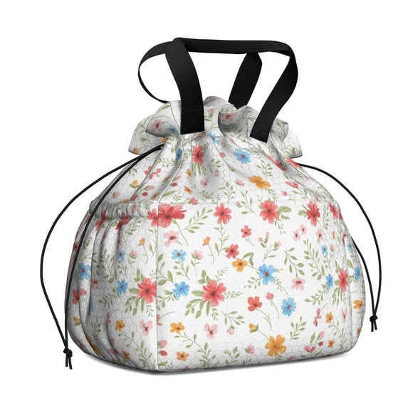 Pioneer Flower Floral Print Pattern Drawstring Lunch Bag Women - Drawstring Lunch Bag Insulated for Work Office - Stain-Resistant Large Lunchbags for Women with Multi-Pockets
