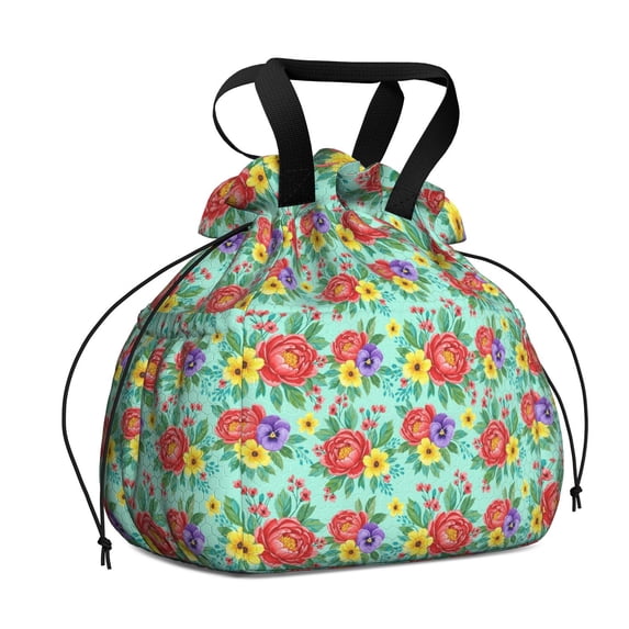 Pioneer Flower Floral Print Pattern Drawstring Lunch Bag Women - Drawstring Lunch Bag Insulated for Work Office - Stain-Resistant Large Lunchbags for Women with Multi-Pockets