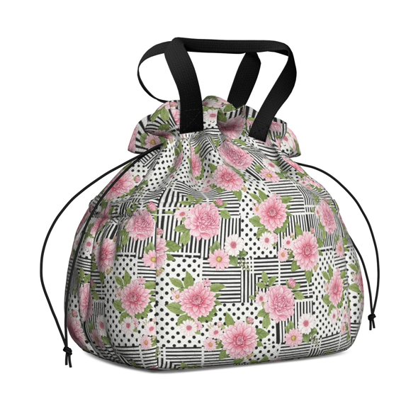 Pioneer Flower Floral Print Pattern Drawstring Lunch Bag Women - Drawstring Lunch Bag Insulated for Work Office - Stain-Resistant Large Lunchbags for Women with Multi-Pockets