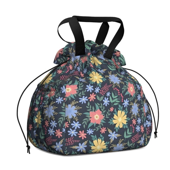 Pioneer Flower Floral Print Pattern Drawstring Lunch Bag Women - Drawstring Lunch Bag Insulated for Work Office - Stain-Resistant Large Lunchbags for Women with Multi-Pockets