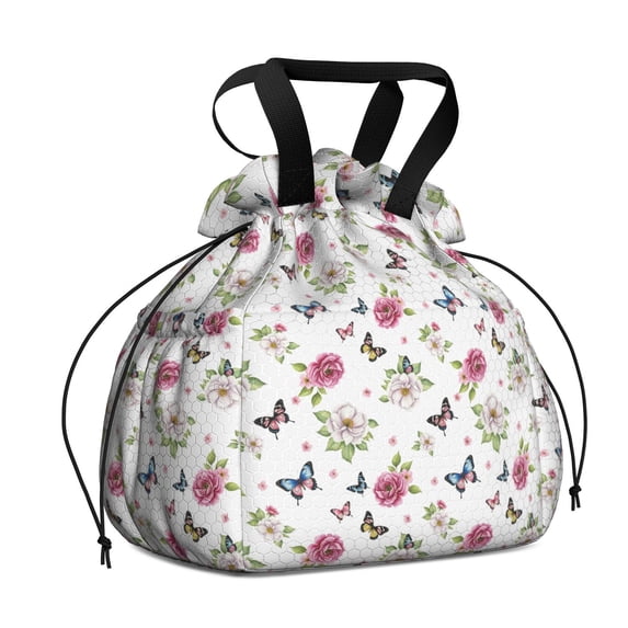 Pioneer Flower Floral Print Pattern Drawstring Lunch Bag Women - Drawstring Lunch Bag Insulated for Work Office - Stain-Resistant Large Lunchbags for Women with Multi-Pockets