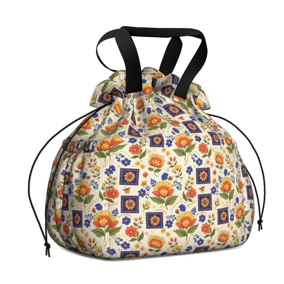 Pioneer Flower Floral Print Pattern Drawstring Lunch Bag Women - Drawstring Lunch Bag Insulated for Work Office - Stain-Resistant Large Lunchbags for Women with Multi-Pockets