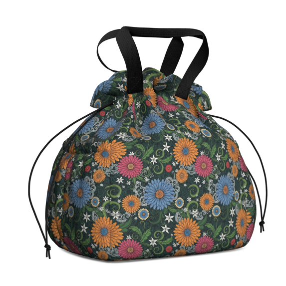 Pioneer Flower Floral Print Pattern Drawstring Lunch Bag Women - Drawstring Lunch Bag Insulated for Work Office - Stain-Resistant Large Lunchbags for Women with Multi-Pockets