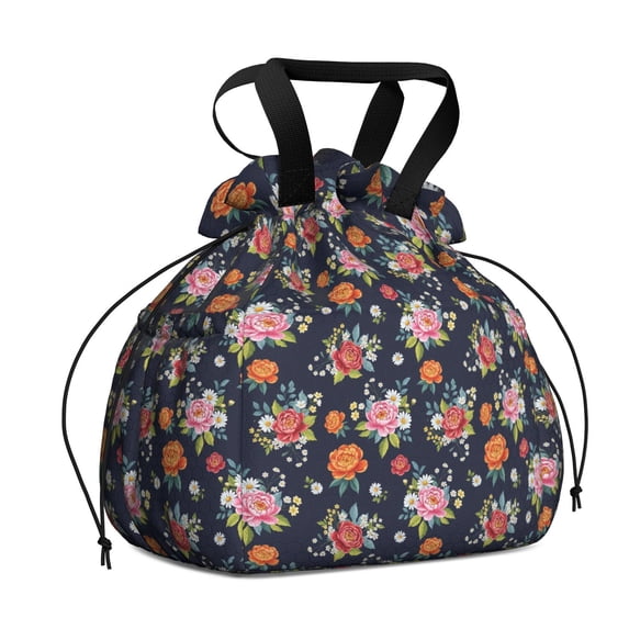 Pioneer Flower Floral Print Pattern Drawstring Lunch Bag Women - Drawstring Lunch Bag Insulated for Work Office - Stain-Resistant Large Lunchbags for Women with Multi-Pockets