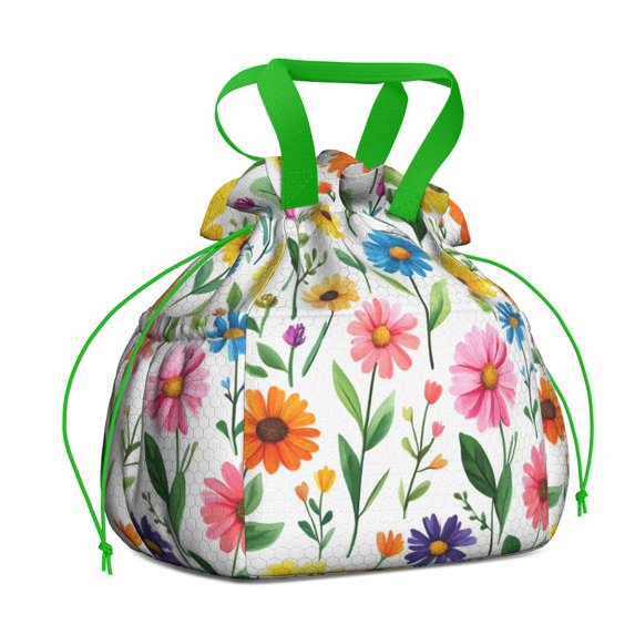 Pioneer Flower Floral Print Pattern Drawstring Lunch Bag Women - Drawstring Lunch Bag Insulated for Work Office - Stain-Resistant Large Lunchbags for Women with Multi-Pockets
