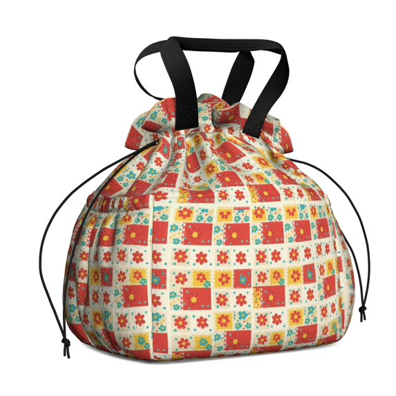Pioneer Flower Floral Print Pattern Drawstring Lunch Bag Women - Drawstring Lunch Bag Insulated for Work Office - Stain-Resistant Large Lunchbags for Women with Multi-Pockets