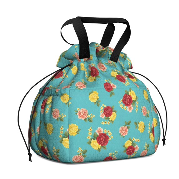 Pioneer Flower Floral Print Pattern Drawstring Lunch Bag Women - Drawstring Lunch Bag Insulated for Work Office - Stain-Resistant Large Lunchbags for Women with Multi-Pockets