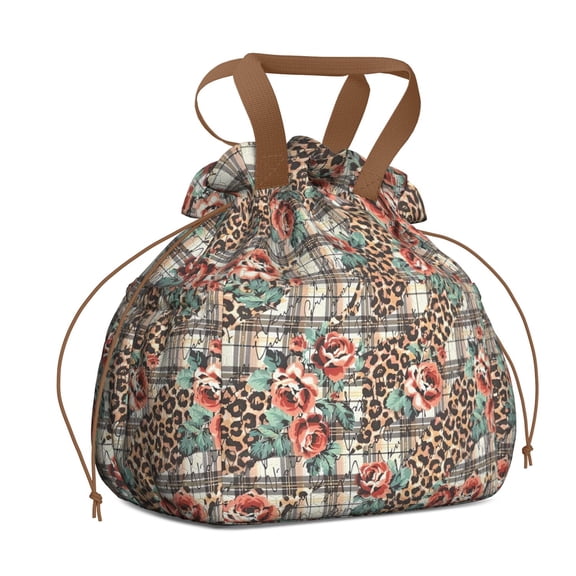 Pioneer Flower Floral Print Pattern Drawstring Lunch Bag Women - Drawstring Lunch Bag Insulated for Work Office - Stain-Resistant Large Lunchbags for Women with Multi-Pockets