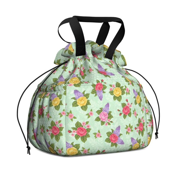 Pioneer Flower Floral Print Pattern Drawstring Lunch Bag Women - Drawstring Lunch Bag Insulated for Work Office - Stain-Resistant Large Lunchbags for Women with Multi-Pockets