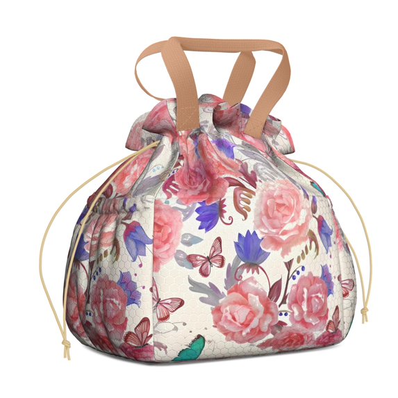 Pioneer Flower Floral Print Pattern Drawstring Lunch Bag Women - Drawstring Lunch Bag Insulated for Work Office - Stain-Resistant Large Lunchbags for Women with Multi-Pockets