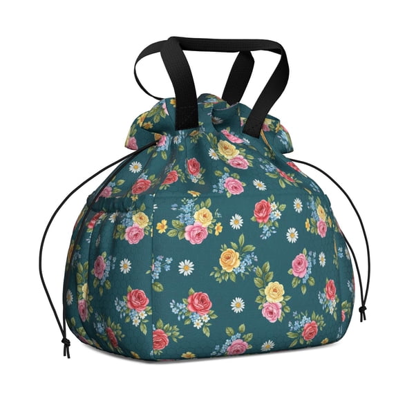 Pioneer Flower Floral Print Pattern Drawstring Lunch Bag Women - Drawstring Lunch Bag Insulated for Work Office - Stain-Resistant Large Lunchbags for Women with Multi-Pockets