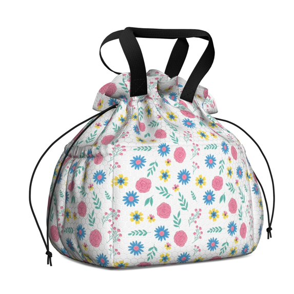 Pioneer Flower Floral Print Pattern Drawstring Lunch Bag Women - Drawstring Lunch Bag Insulated for Work Office - Stain-Resistant Large Lunchbags for Women with Multi-Pockets