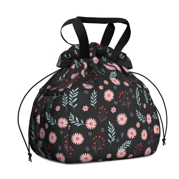Pioneer Flower Floral Print Pattern Drawstring Lunch Bag Women - Drawstring Lunch Bag Insulated for Work Office - Stain-Resistant Large Lunchbags for Women with Multi-Pockets