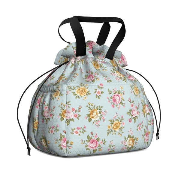 Pioneer Flower Floral Print Pattern Drawstring Lunch Bag Women - Drawstring Lunch Bag Insulated for Work Office - Stain-Resistant Large Lunchbags for Women with Multi-Pockets