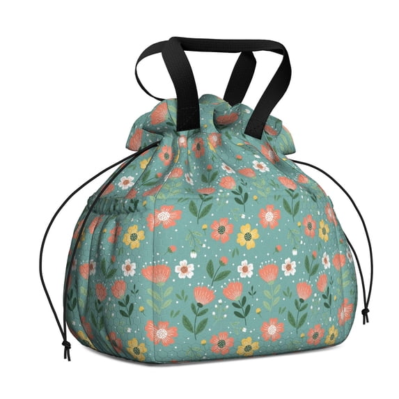 Pioneer Flower Floral Print Pattern Drawstring Lunch Bag Women - Drawstring Lunch Bag Insulated for Work Office - Stain-Resistant Large Lunchbags for Women with Multi-Pockets